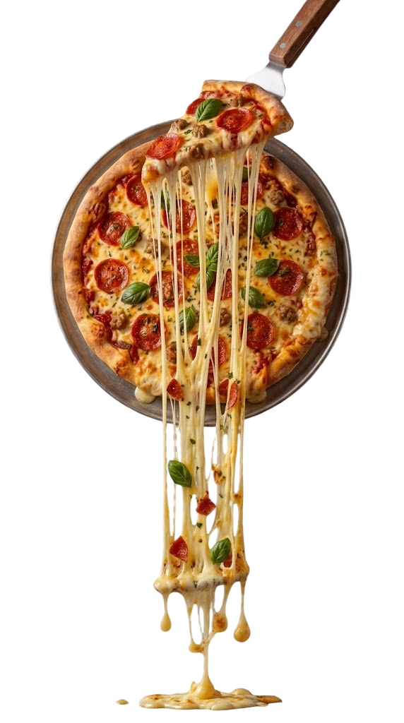 Delicious melting cheese dripping from a hot Kesar pizza